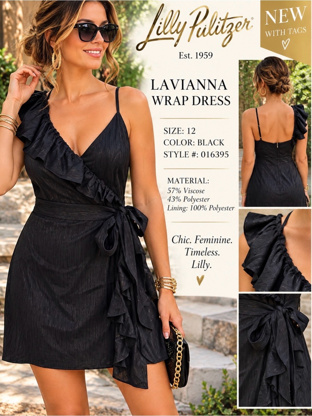 Lilly Pulitzer Lavianna Wrap Mini Dress Black Ruffle V-Neck Zip Lined 12